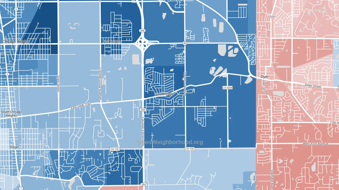 Sauk Village, IL block-group political-lean map