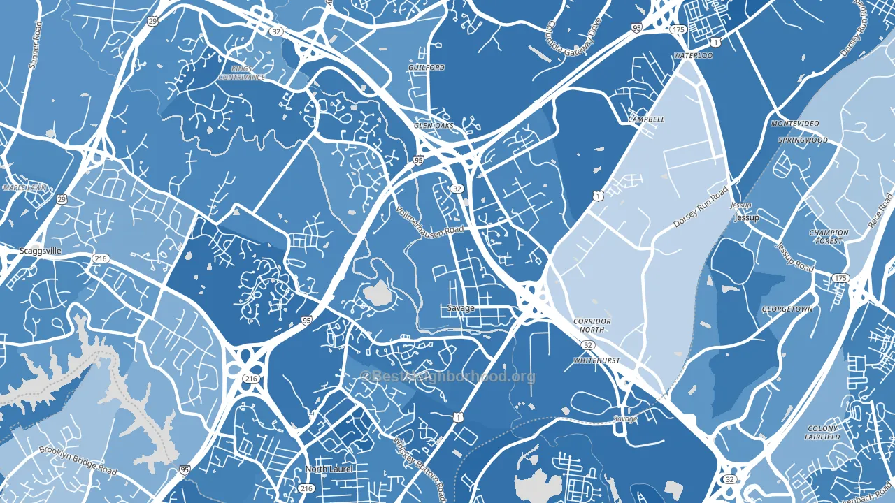 Savage-Guilford, Laurel, MD block-group political-lean map