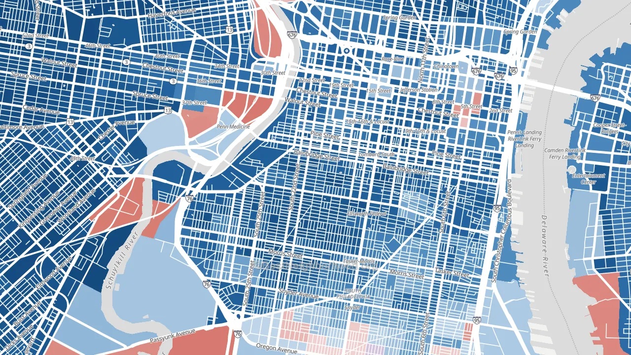 Schuylkill Southwest, Philadelphia, PA block-group political-lean map
