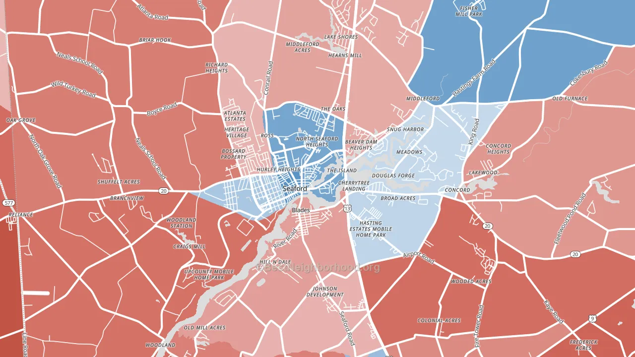 Seaford, DE block-group political-lean map