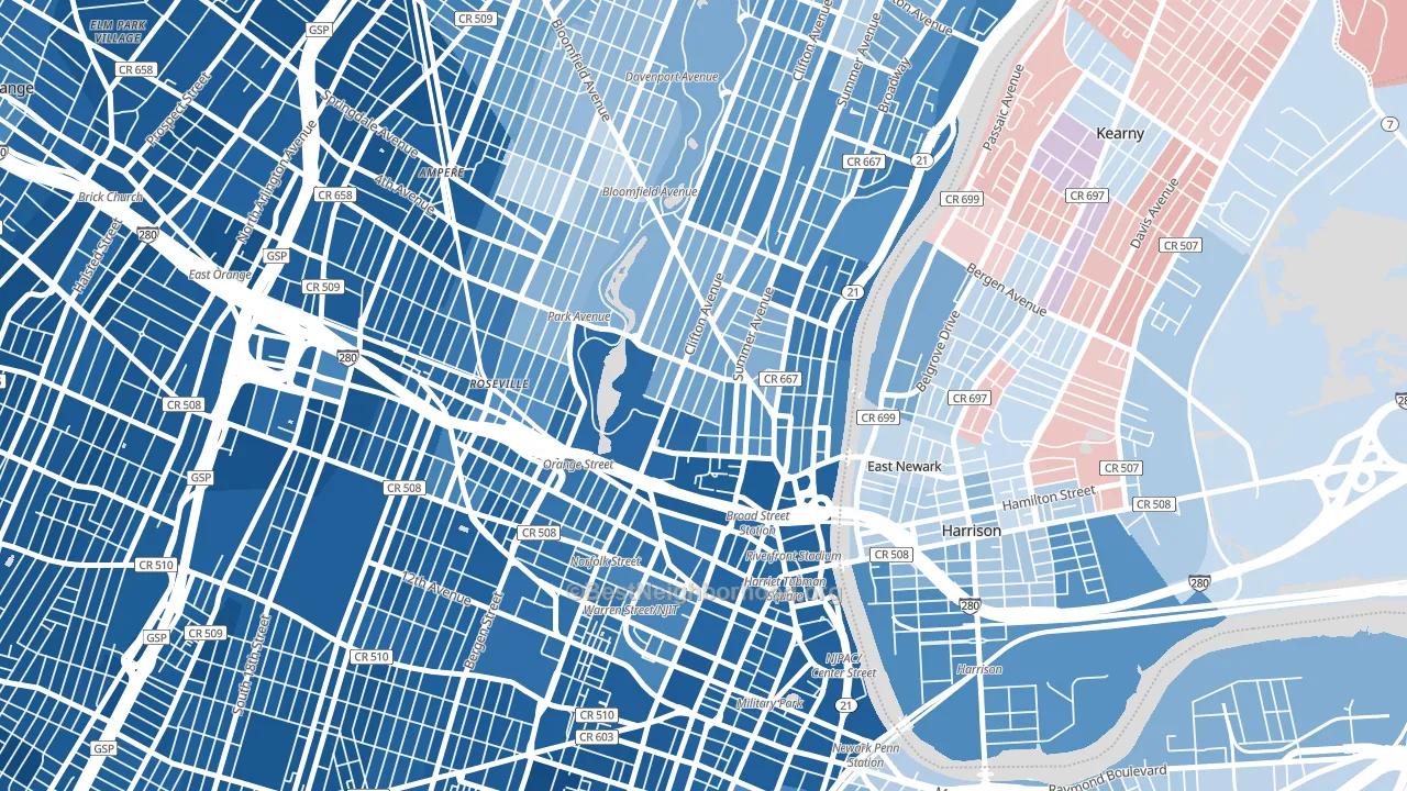 Seventh Avenue, Newark, NJ block-group political-lean map