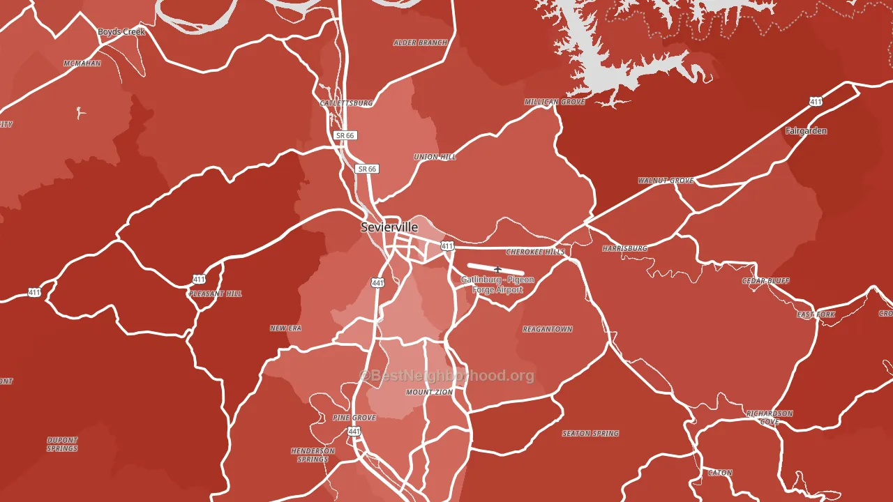 Sevierville, TN block-group political-lean map
