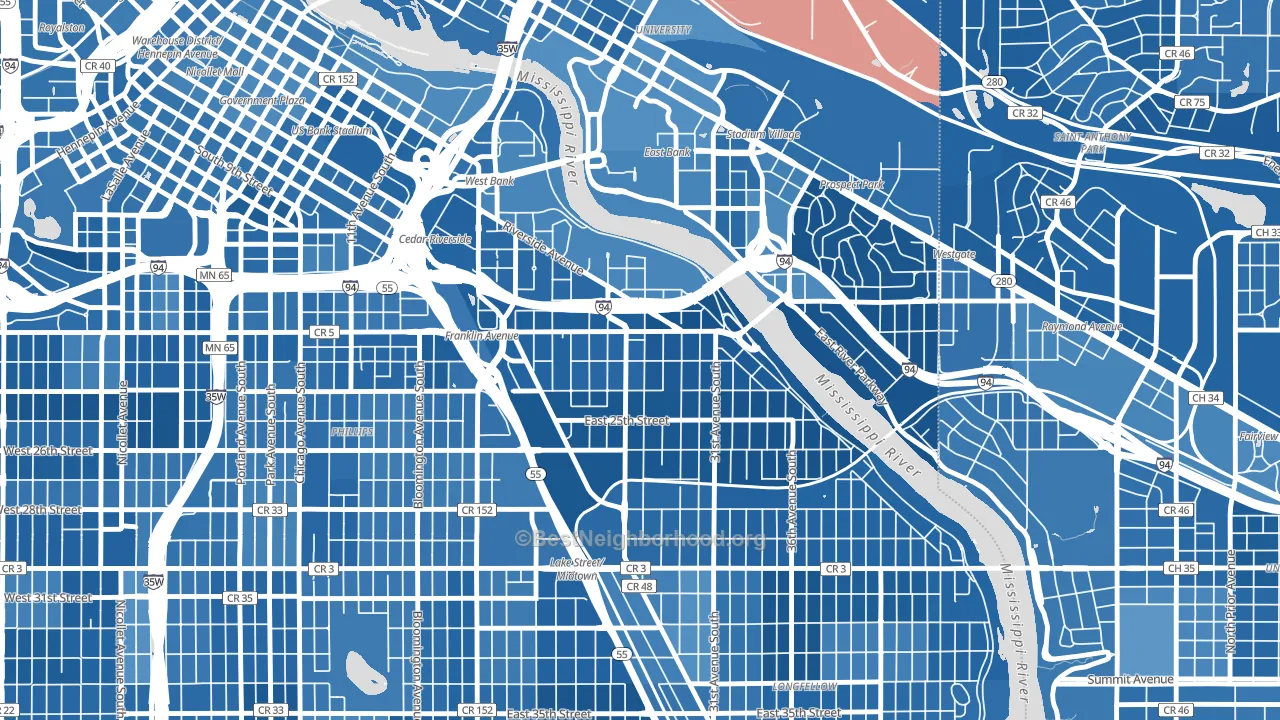 Seward, Minneapolis, MN block-group political-lean map