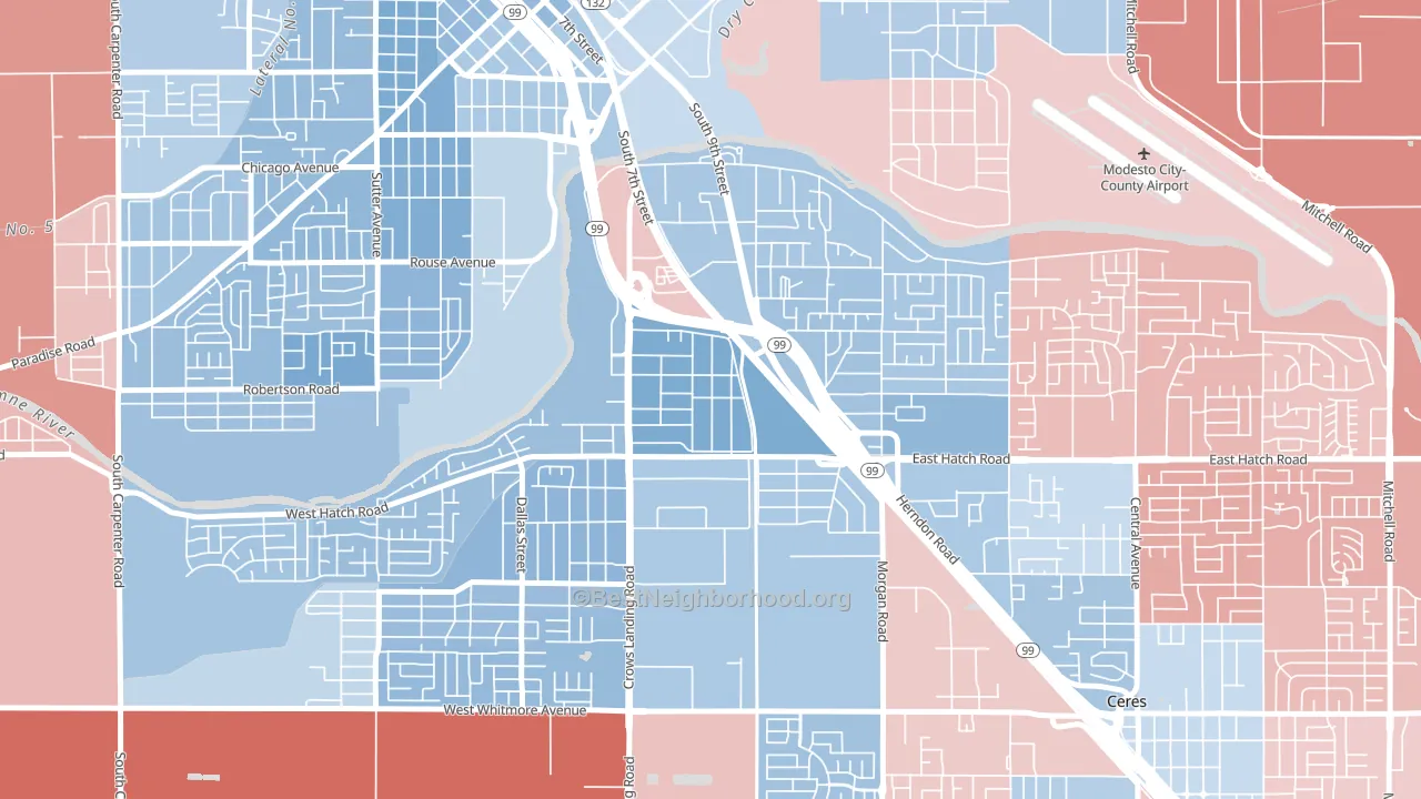 Shackelford, Modesto, CA block-group political-lean map