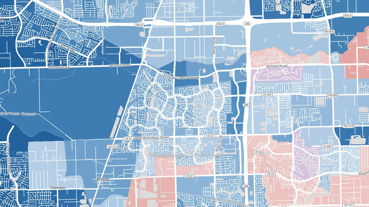 Shadow Creek Ranch, Pearland, TX block-group political-lean map