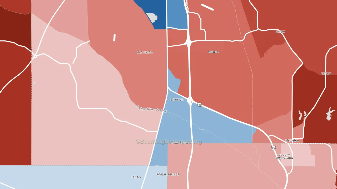 Shannon, MS block-group political-lean map