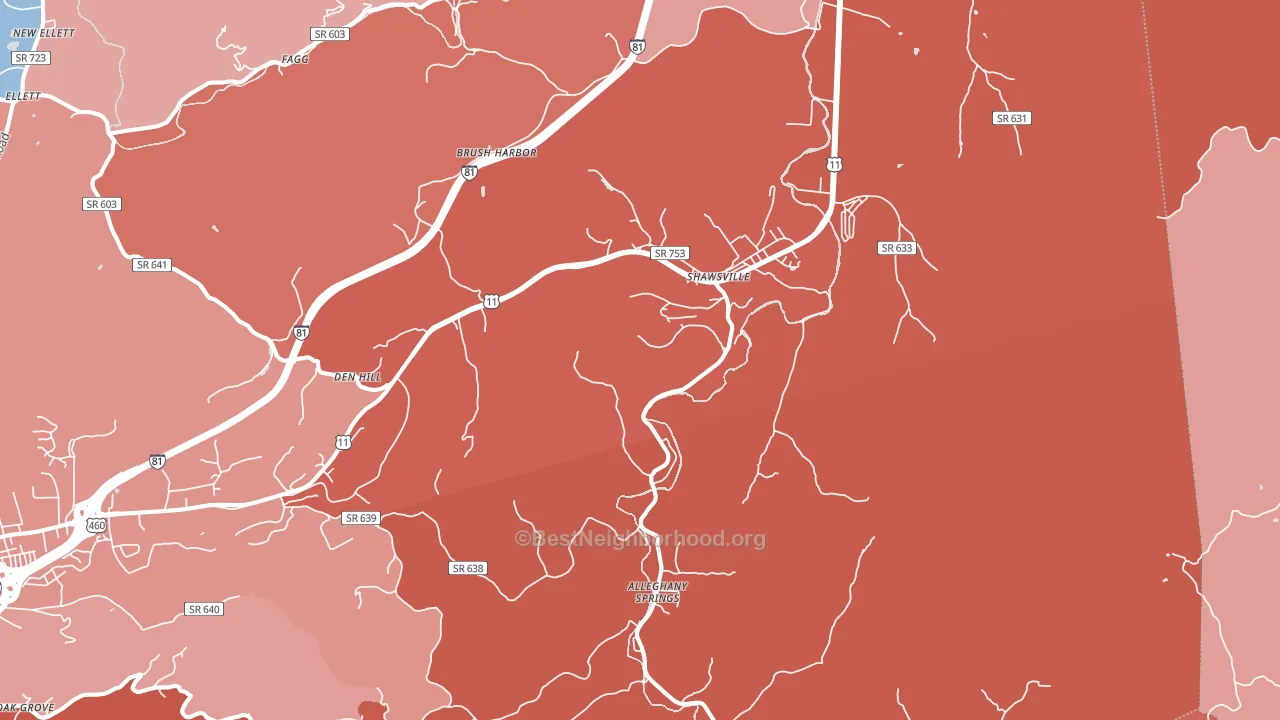 Shawsville, VA block-group political-lean map