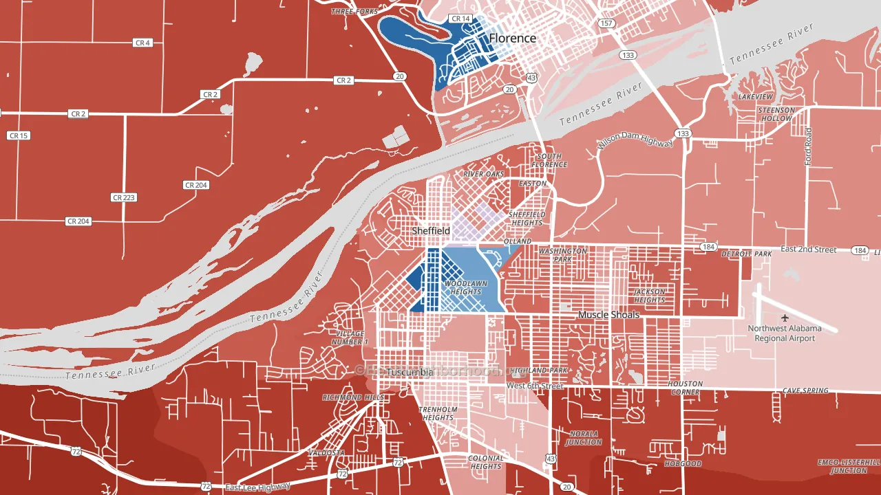 Sheffield, AL block-group political-lean map