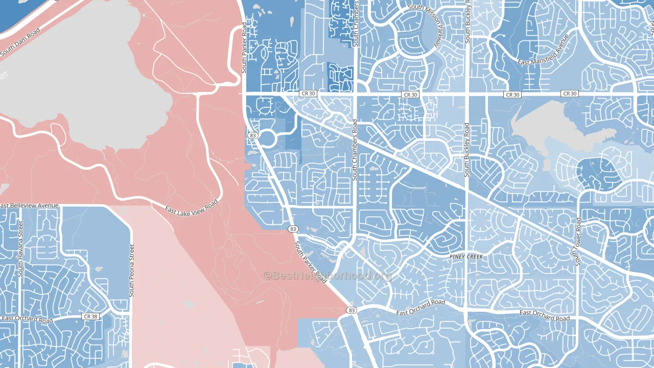 Shenandoah, Aurora, CO block-group political-lean map