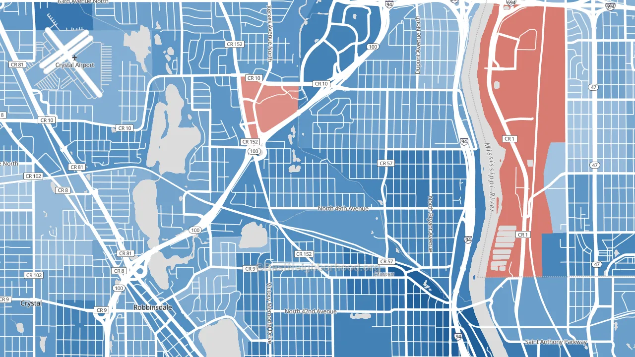 Shingle Creek, Minneapolis, MN block-group political-lean map