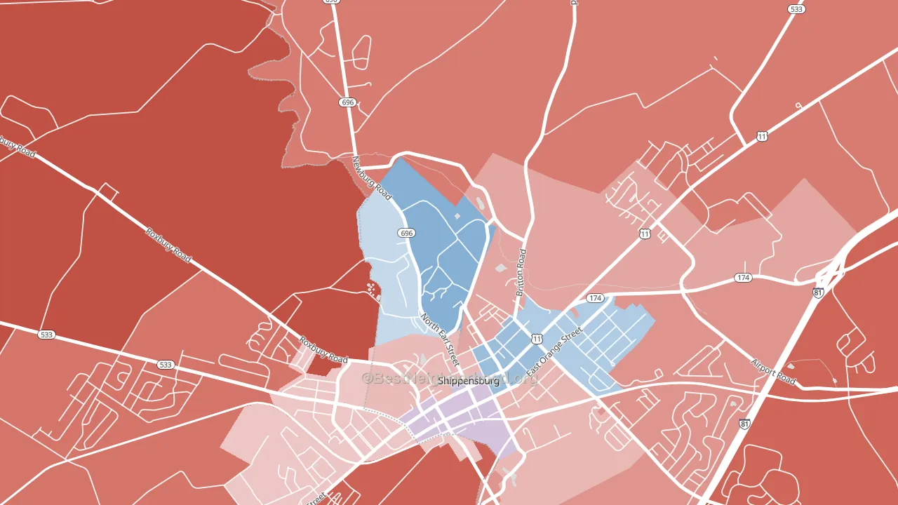 Shippensburg University, PA block-group political-lean map
