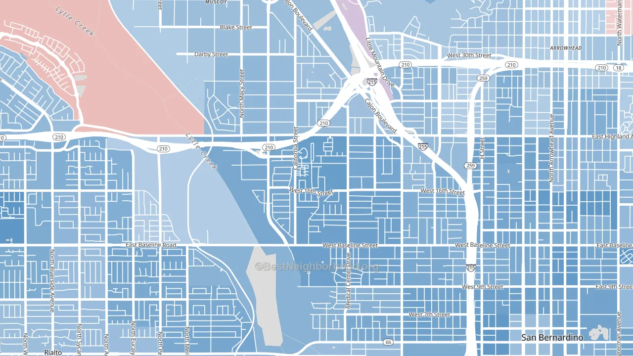 Shirrells, San Bernardino, CA block-group political-lean map