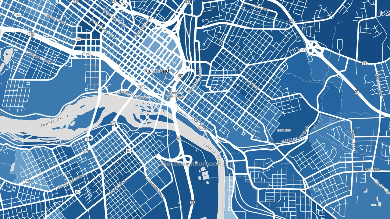 Shockoe Bottom, Richmond, VA block-group political-lean map