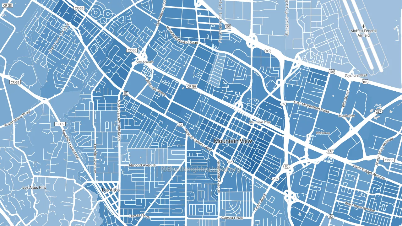 Shoreline West, Mountain View, CA block-group political-lean map