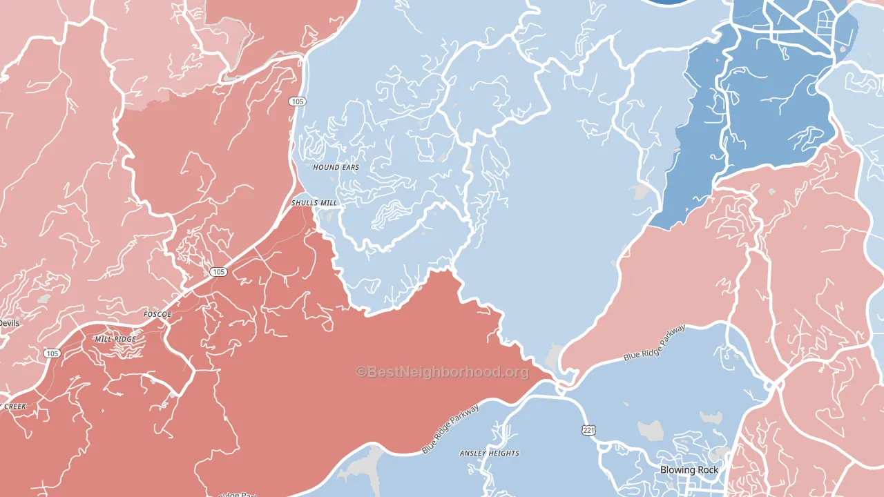 Shulls Mill, NC block-group political-lean map