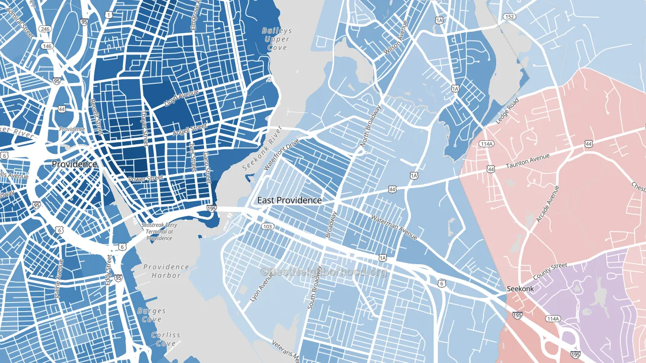 Six Corners, East Providence, RI block-group political-lean map