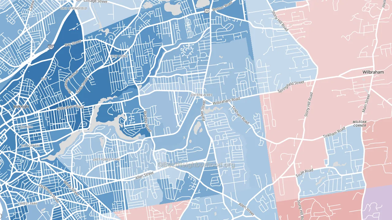 Sixteen Acres, Springfield, MA block-group political-lean map