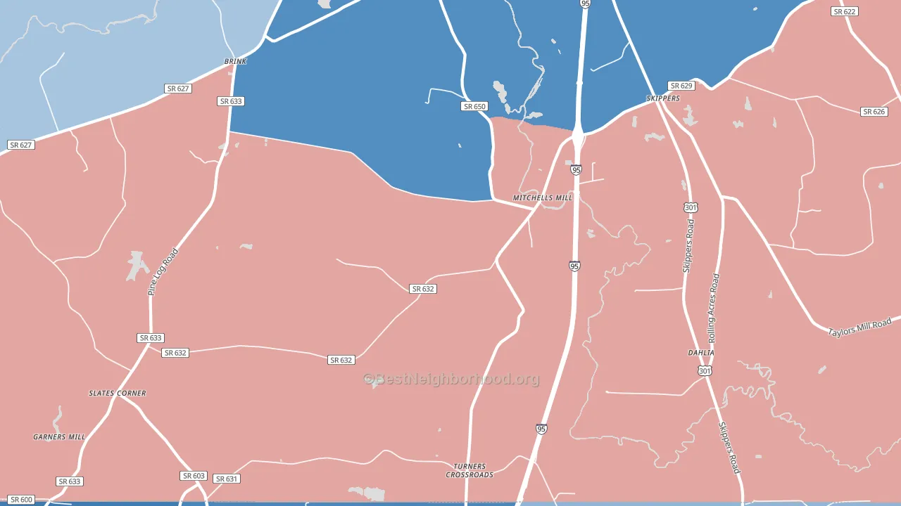 Skippers, VA block-group political-lean map