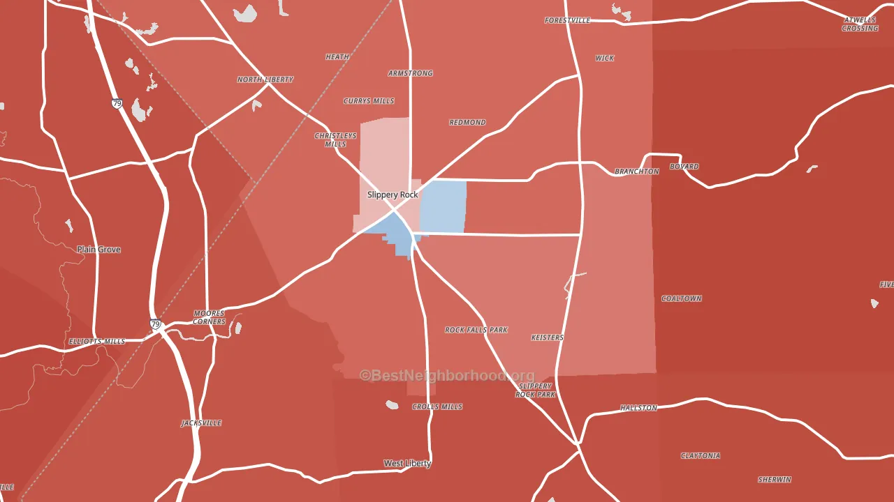 Slippery Rock, PA block-group political-lean map