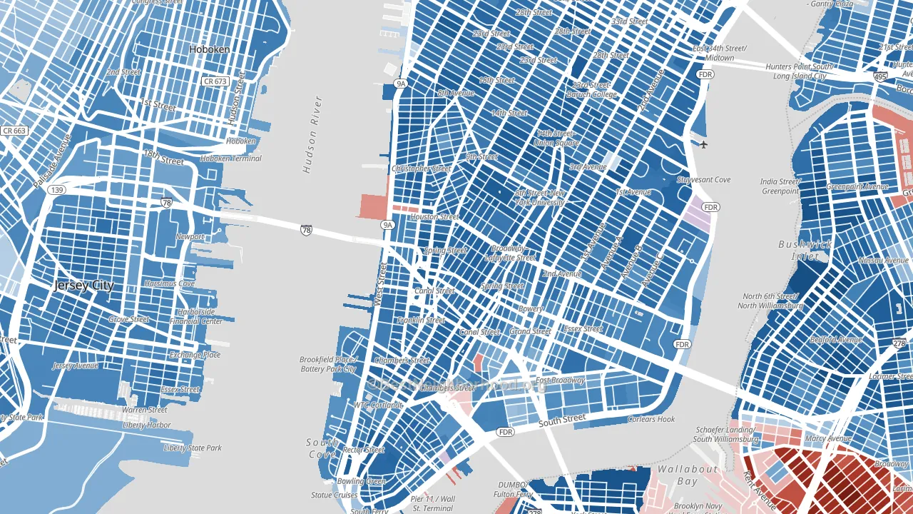 Soho, Manhattan, NY block-group political-lean map