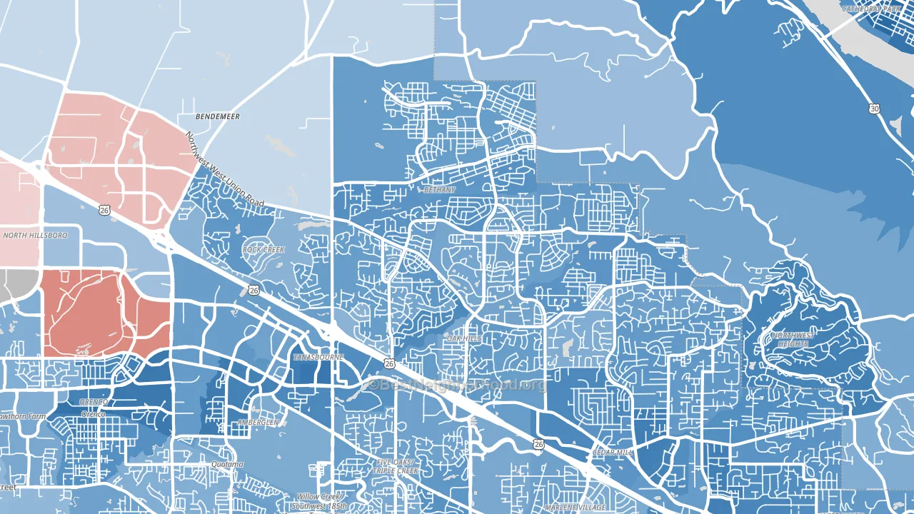 Sommerset West-Elmonica North, Bethany, OR block-group political-lean map