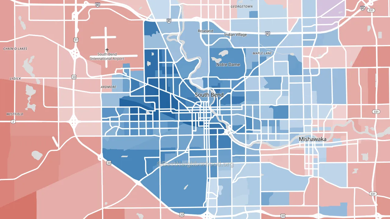 South Bend, IN block-group political-lean map