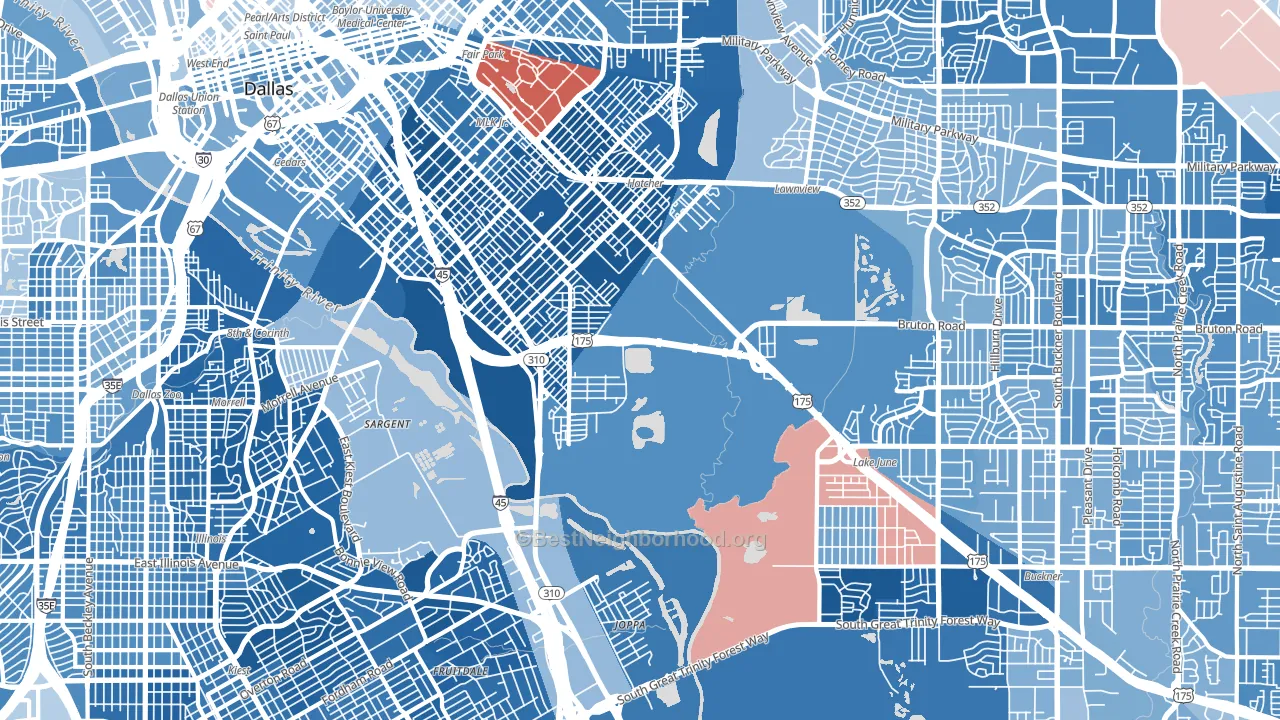 South Boulevard Park Row, Dallas, TX block-group political-lean map