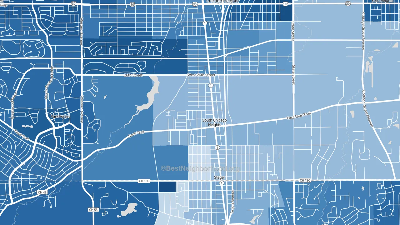South Chicago Heights, IL block-group political-lean map