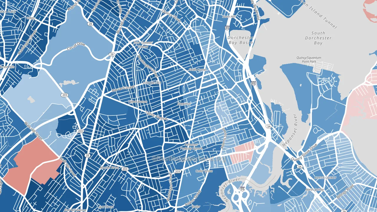 South Dorchester, Boston, MA block-group political-lean map