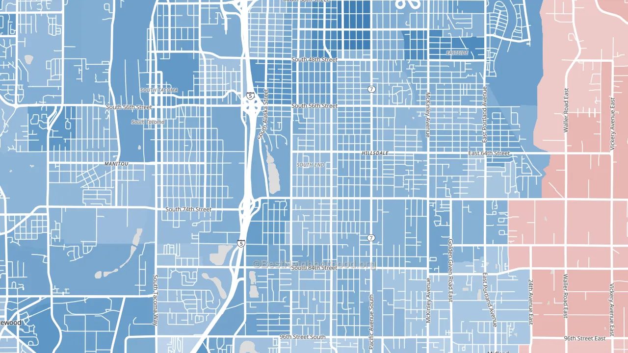 South End, Tacoma, WA block-group political-lean map