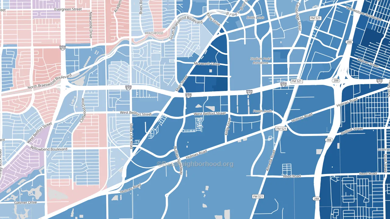 South Main, Houston, TX block-group political-lean map