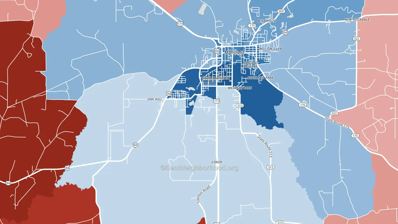 South Mansfield, LA block-group political-lean map
