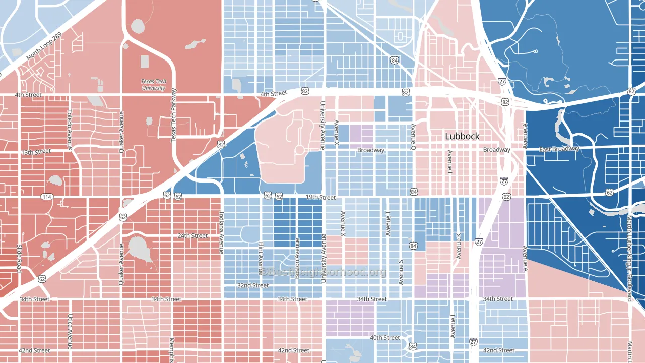 South Overton, Lubbock, TX block-group political-lean map