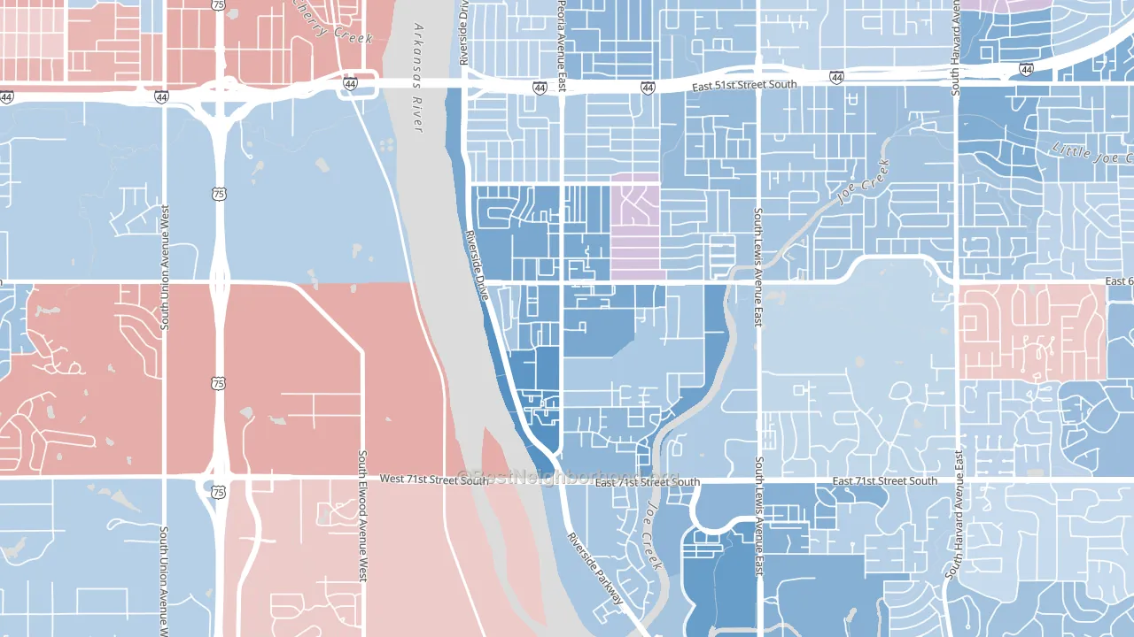 South Peoria, Tulsa, OK block-group political-lean map