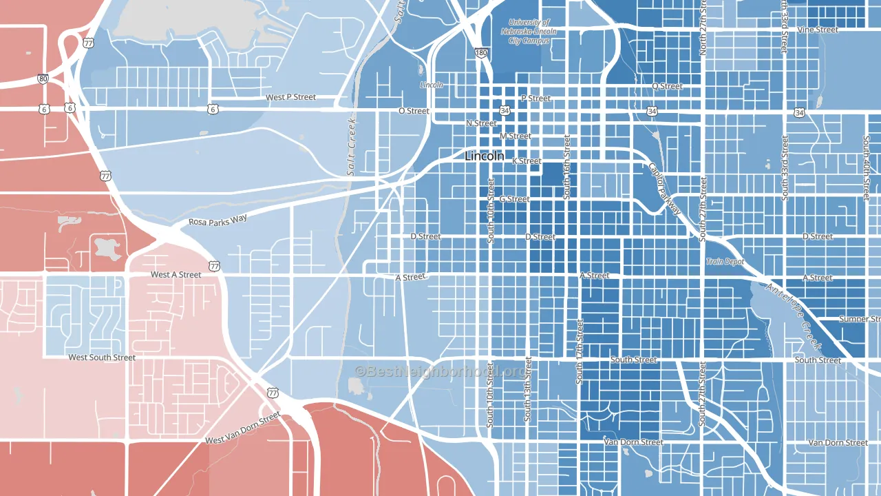South Salt Creek, Lincoln, NE block-group political-lean map