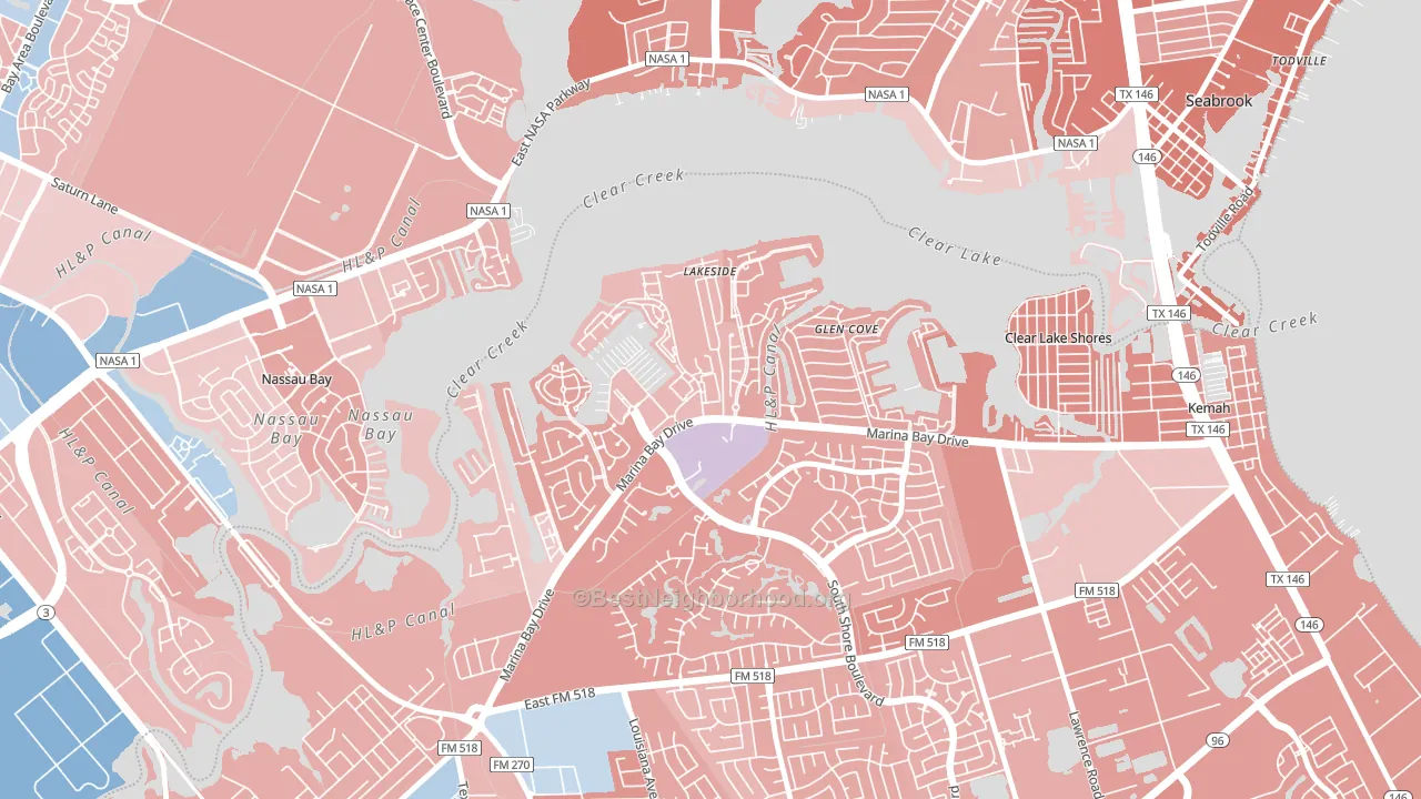 South Shore Harbour and Marina, League City, TX block-group political-lean map