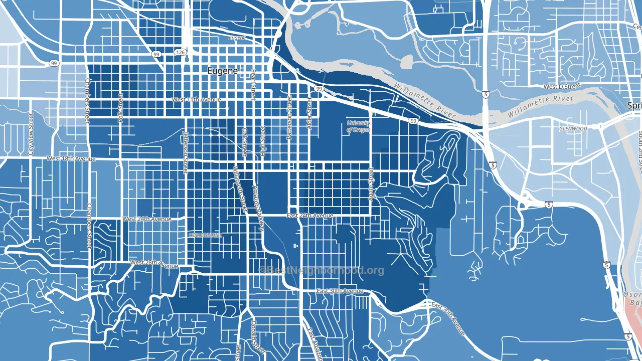 South University, Eugene, OR block-group political-lean map