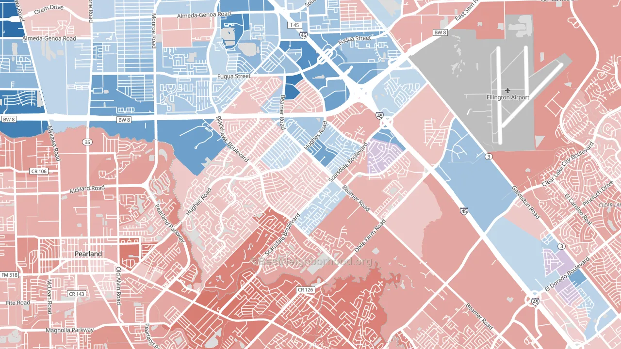Southbelt Ellington, Houston, TX block-group political-lean map