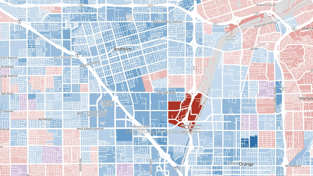 Southeast, Anaheim, CA block-group political-lean map
