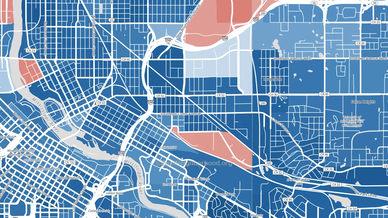 Southeast Como, Minneapolis, MN block-group political-lean map