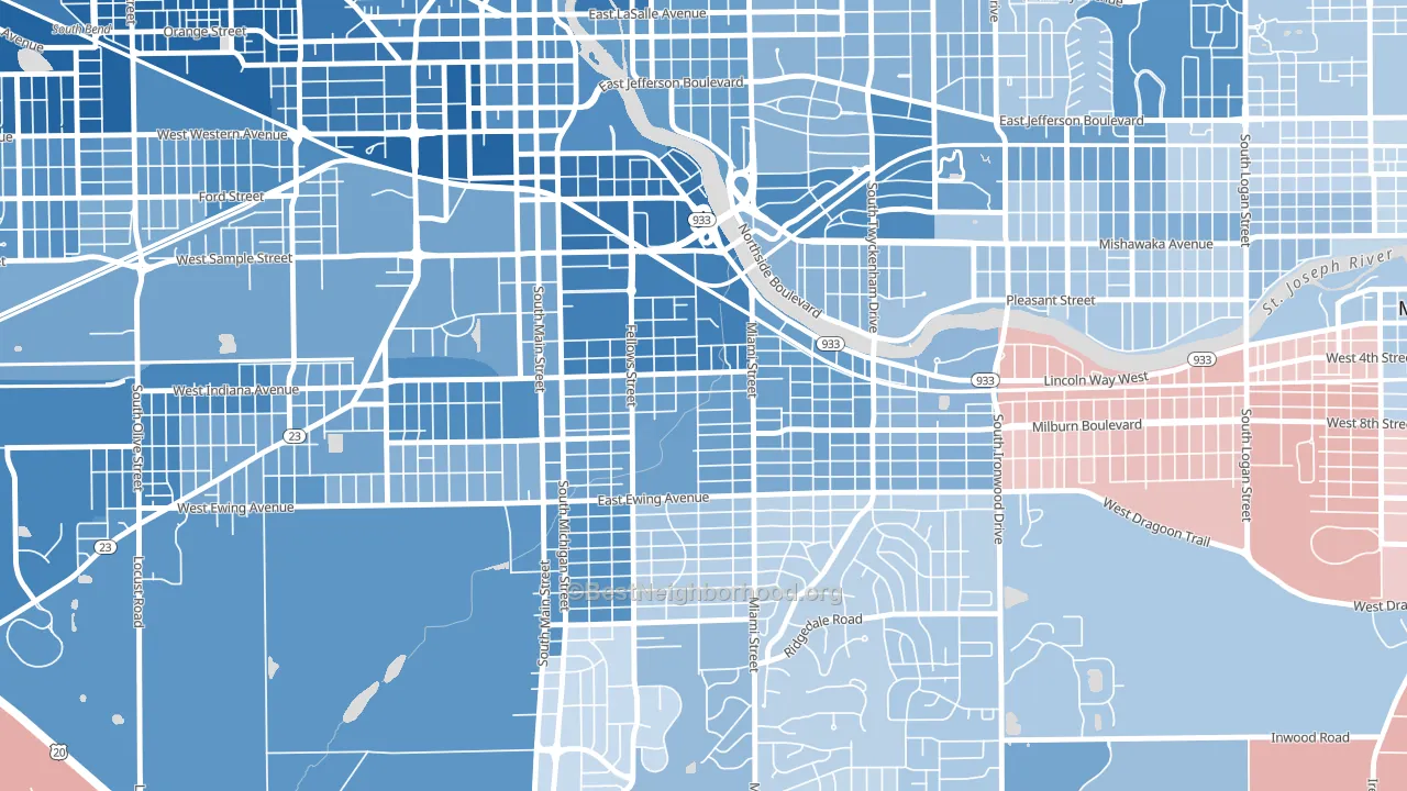 Southeast Quality, South Bend, IN block-group political-lean map