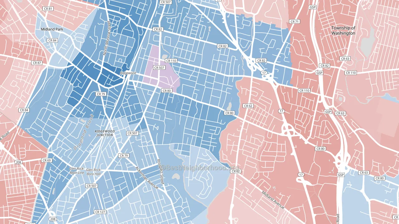Southeast Ridgewood, Ridgewood, NJ block-group political-lean map