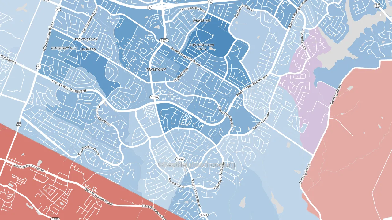 Southeastern Hills, Lexington, KY block-group political-lean map