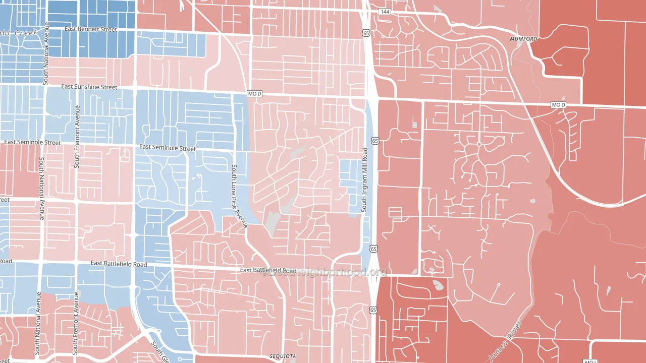 Southern Hills, Springfield, MO block-group political-lean map