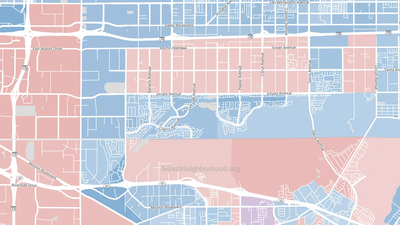 Southridge Village, Fontana, CA block-group political-lean map