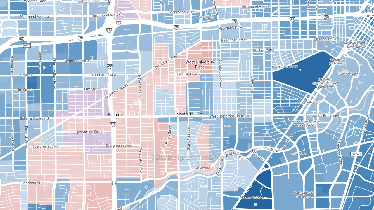 Southside Place, TX block-group political-lean map