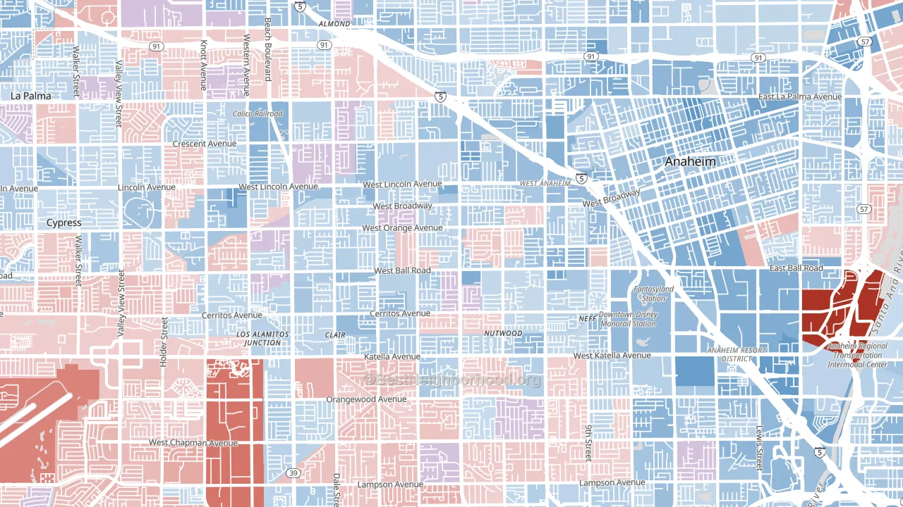 SouthWest Anaheim, Anaheim, CA block-group political-lean map