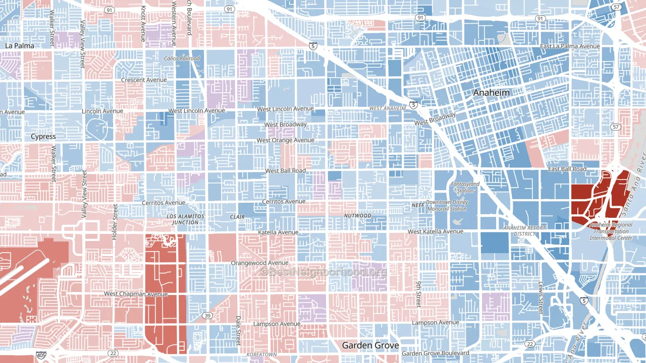 Southwest, Anaheim, CA block-group political-lean map