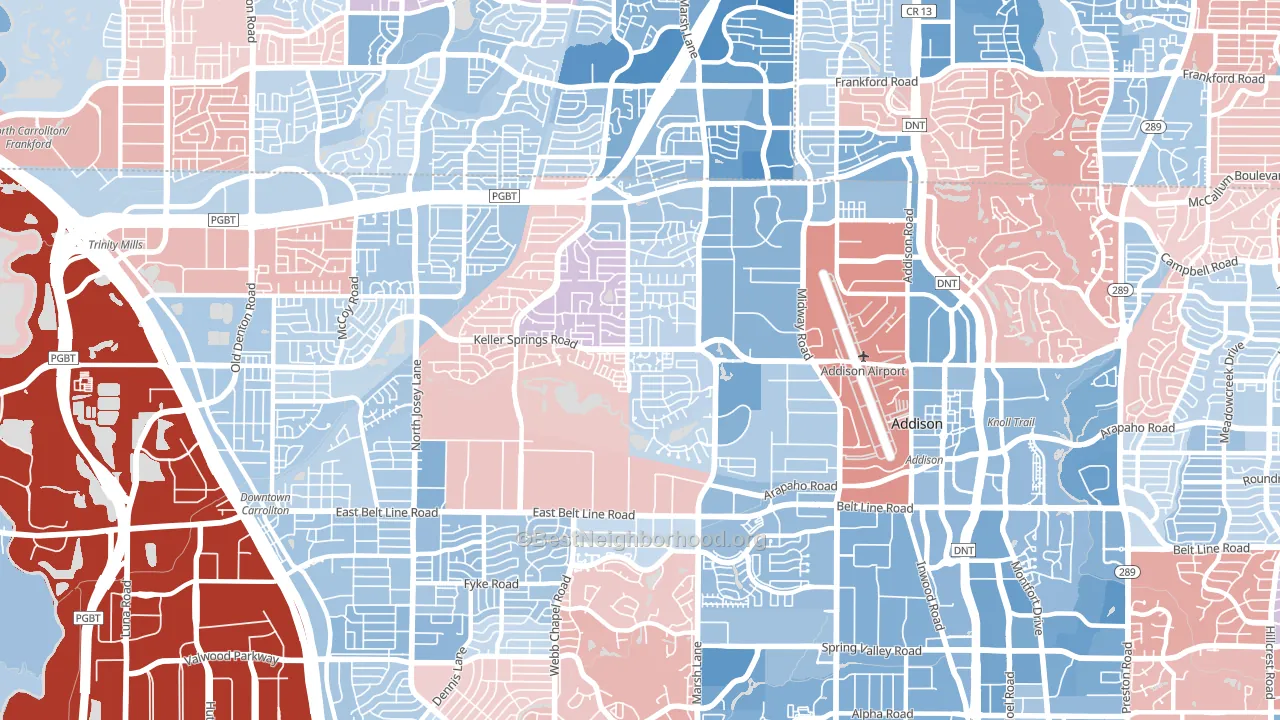 Southwest Carrollton, Carrollton, TX block-group political-lean map