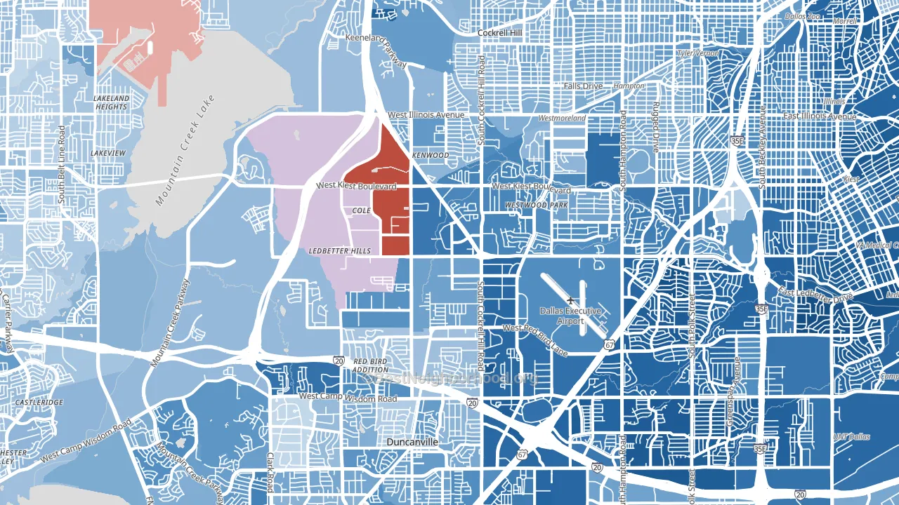 Southwest Dallas, Dallas, TX block-group political-lean map
